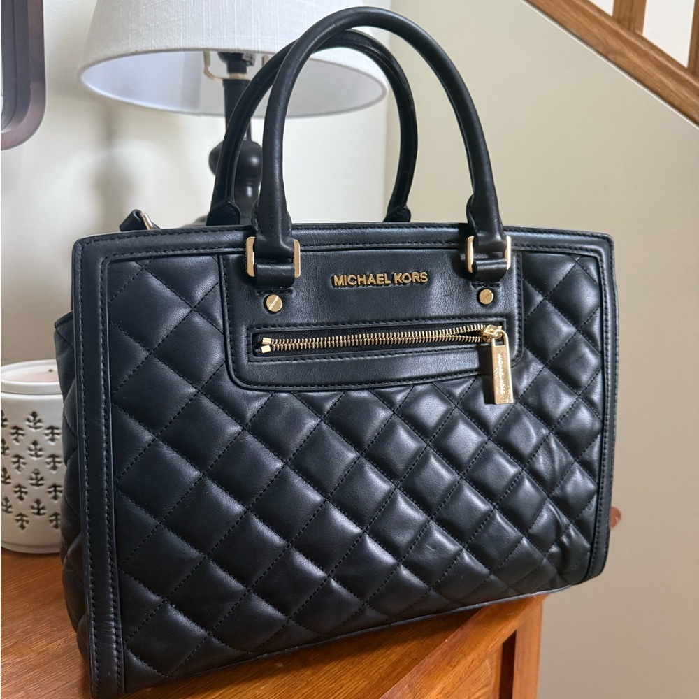Michael Kors Black Quilted Leather Satchel with Gold Hardware